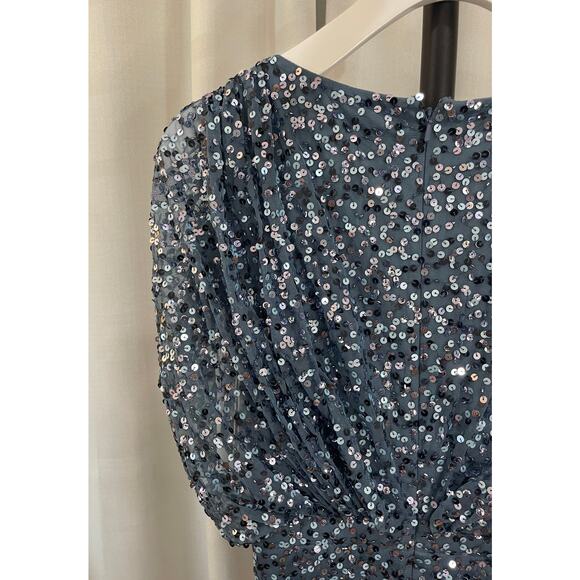 Mac Duggal Blue Draped Sleeve V-Neck Gown Slate Blue 5640 Size 4 NWT Sequins - Picture 13 of 16